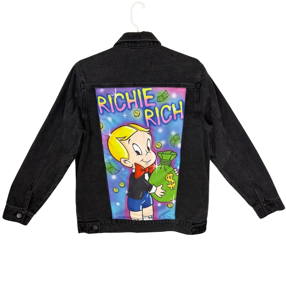 Richie Rich Mens Black Denim Graphic Trucker Jacket Small 7RCH70050NV